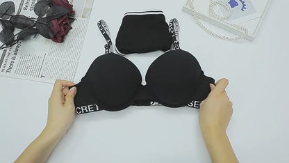 Sexy Lingerie Set, Featuring A Backless, Push-up, And Supportive Bra With Lettered Shoulder Straps.